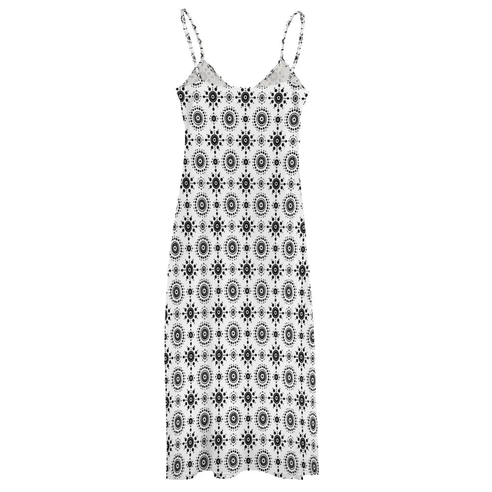 Black White Boho Maxi Dress, Long Spaghetti Straps Women Sleeveless Casual Cute Designer Elegant Plus Size Cocktail Party Summer Designer