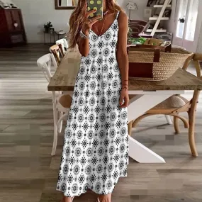 Black White Boho Maxi Dress, Long Spaghetti Straps Women Sleeveless Casual Cute Designer Elegant Plus Size Cocktail Party Summer Designer