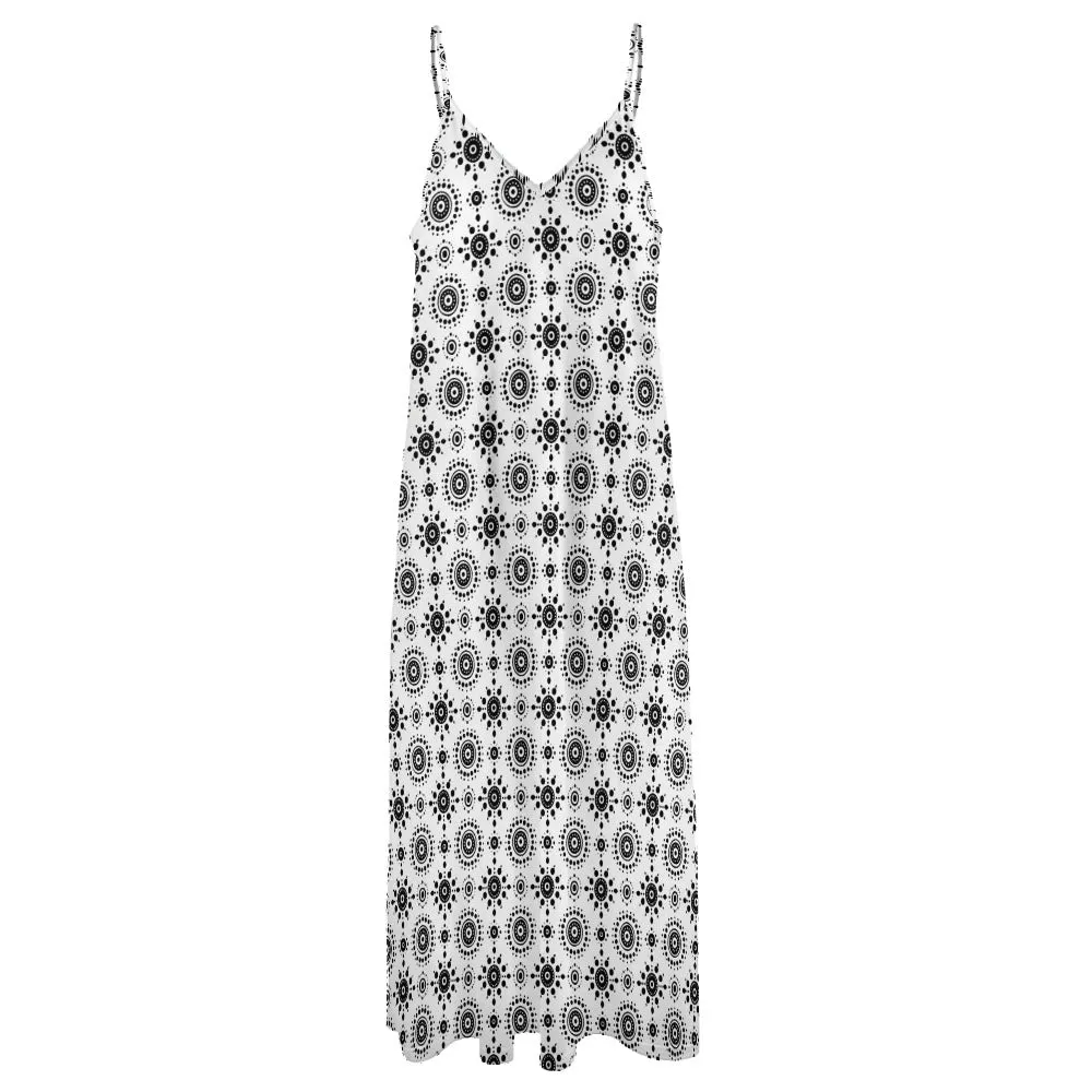 Black White Boho Maxi Dress, Long Spaghetti Straps Women Sleeveless Casual Cute Designer Elegant Plus Size Cocktail Party Summer Designer