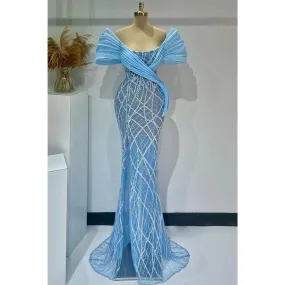 Blue Off-shoulder Bedaed Sheath Long Split Prom Dress Evening Gown