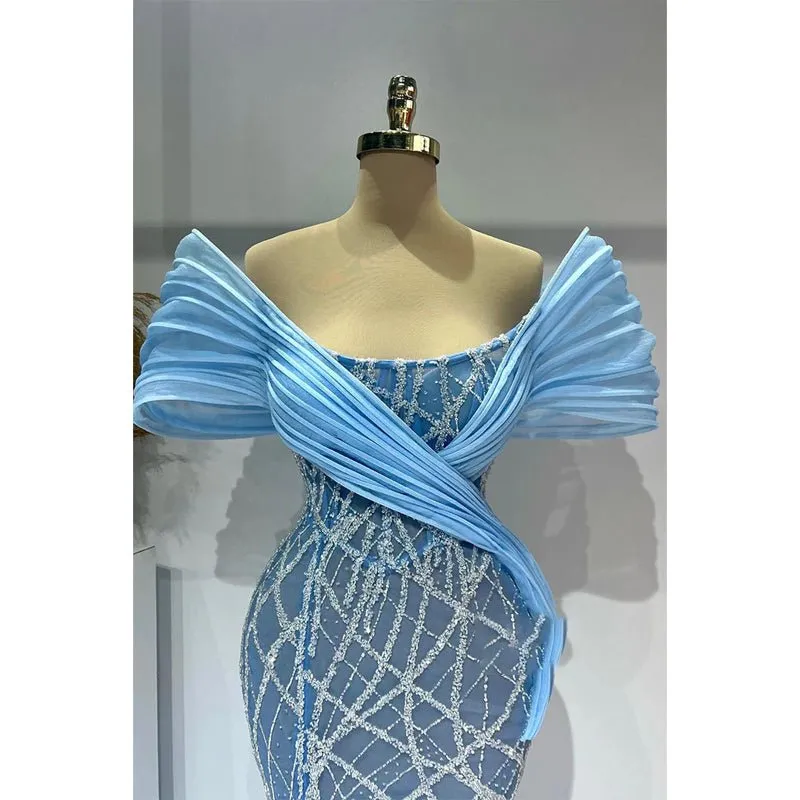 Blue Off-shoulder Bedaed Sheath Long Split Prom Dress Evening Gown