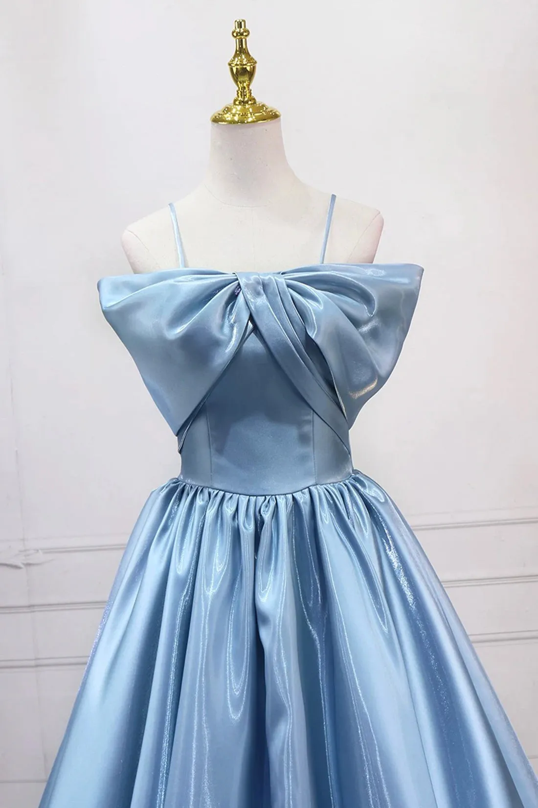 Blue Satin Long A-Line Prom Dress, Blue Spaghetti Strap Evening Party  Dress