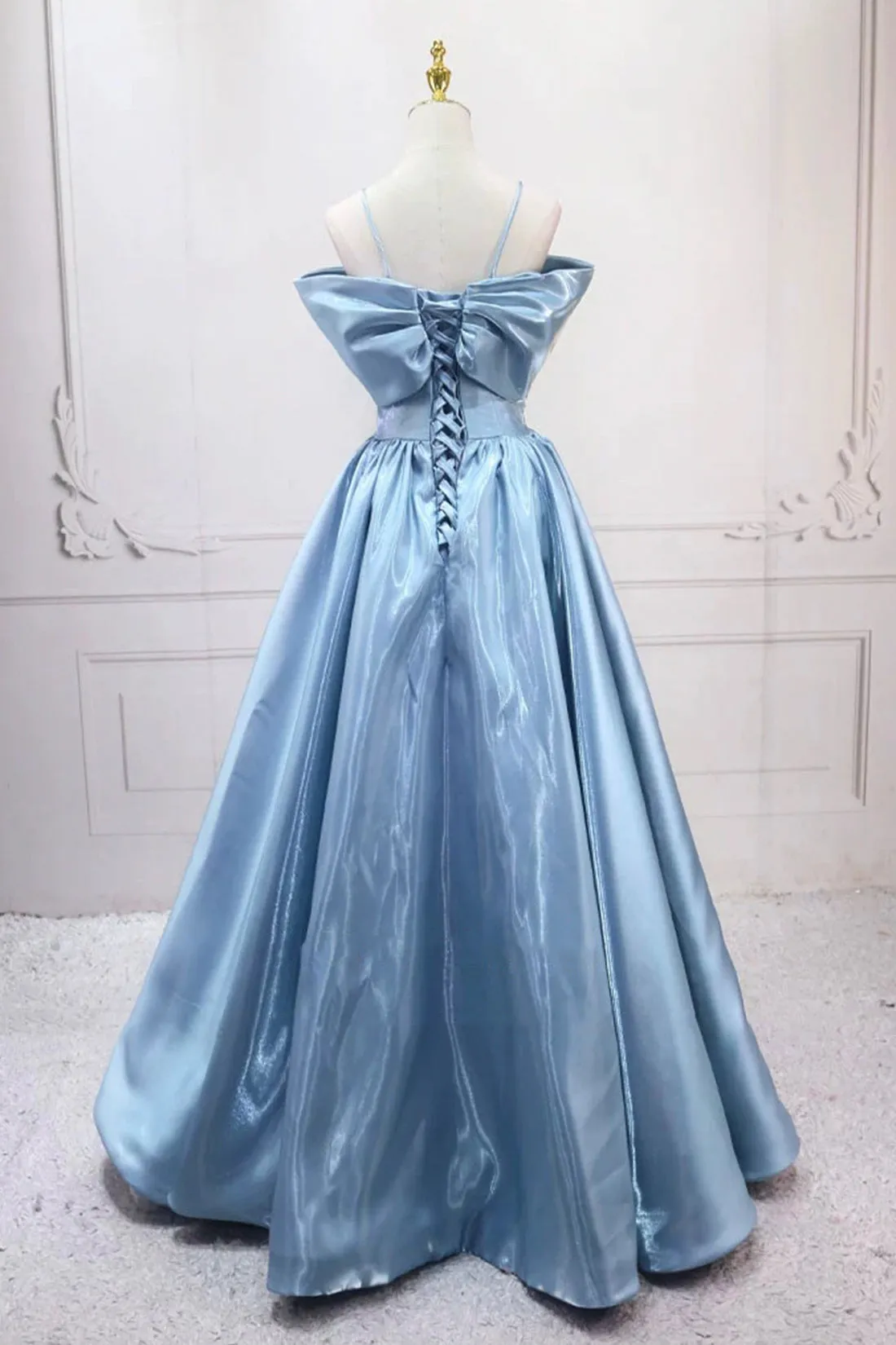 Blue Satin Long A-Line Prom Dress, Blue Spaghetti Strap Evening Party  Dress