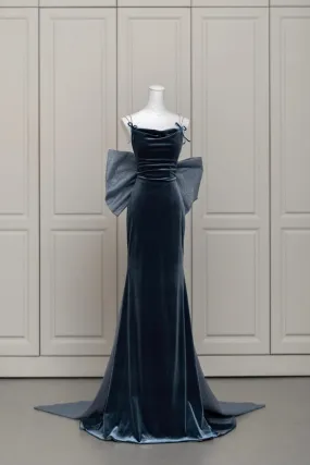 Blue Velvet Blue Prom Dress, Mermaid Backless Evening Party Dress with Bow