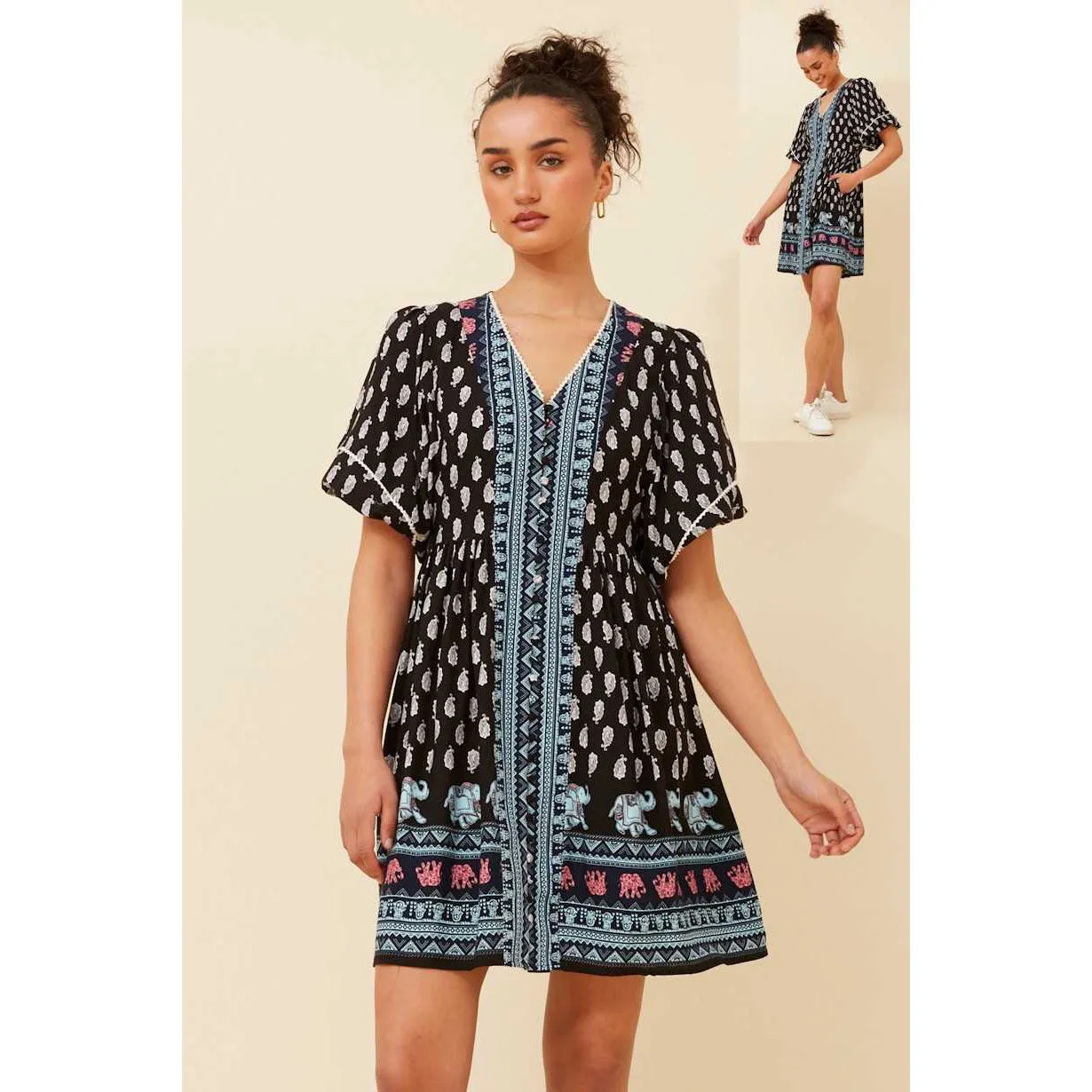 Boho Short Dress With Button Front - Black