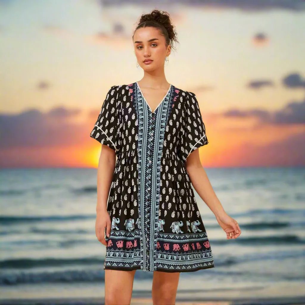 Boho Short Dress With Button Front - Black