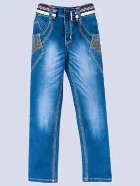 Boys' Classic Blue Denim Jeans with Colorful Belt Accent