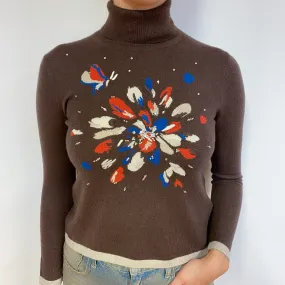 Brown Sparkly Floral Cashmere Polo Neck Jumper Small