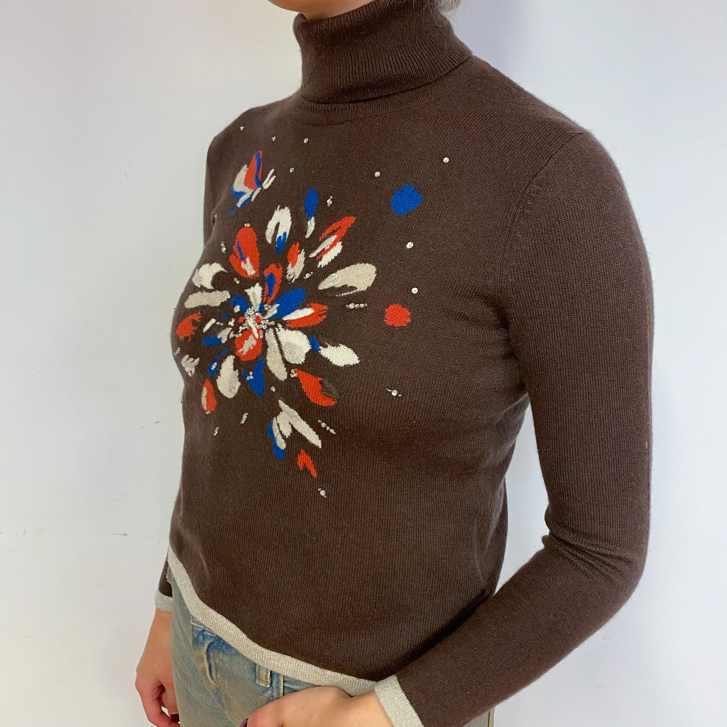 Brown Sparkly Floral Cashmere Polo Neck Jumper Small