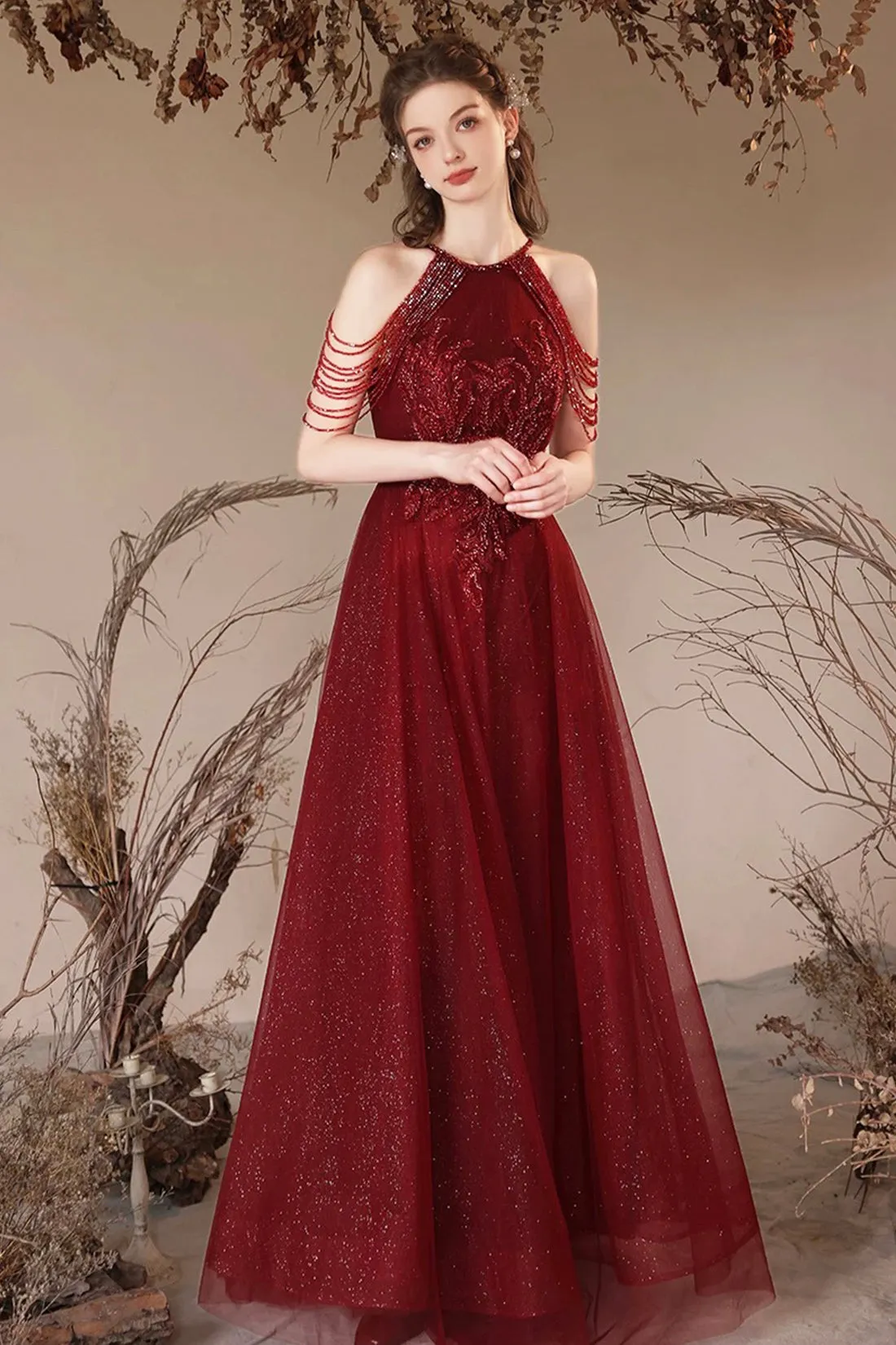 Burgundy Halter Tulle Long Prom Dress with Beads, Elegant A-Line Backless Party Dress