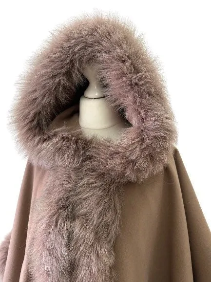 Camel Women Winter Coat Cape Trim Fox Fur, Light Brown Winter Women's Poncho Jacket lined, Tan Warm Women's coat with a hood
