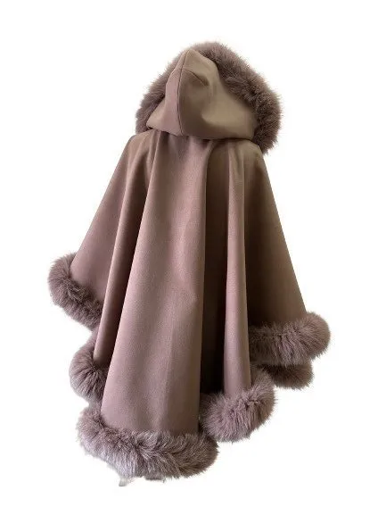 Camel Women Winter Coat Cape Trim Fox Fur, Light Brown Winter Women's Poncho Jacket lined, Tan Warm Women's coat with a hood