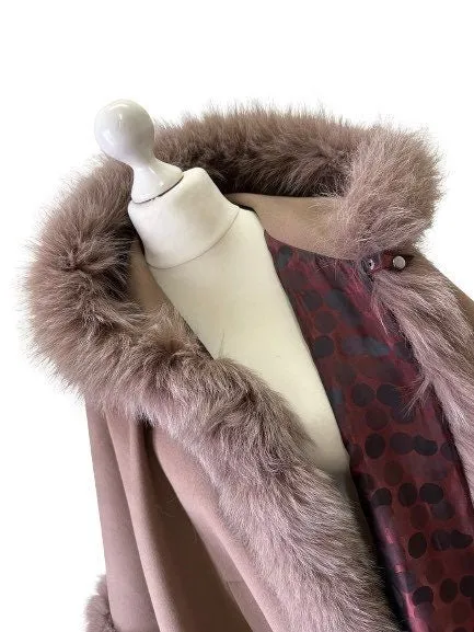 Camel Women Winter Coat Cape Trim Fox Fur, Light Brown Winter Women's Poncho Jacket lined, Tan Warm Women's coat with a hood