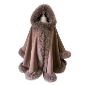 Camel Women Winter Coat Cape Trim Fox Fur, Light Brown Winter Women's Poncho Jacket lined, Tan Warm Women's coat with a hood