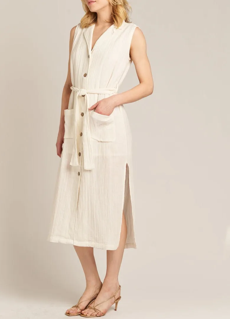 Candace Collared Tie Waist Button Down Dress in Off White