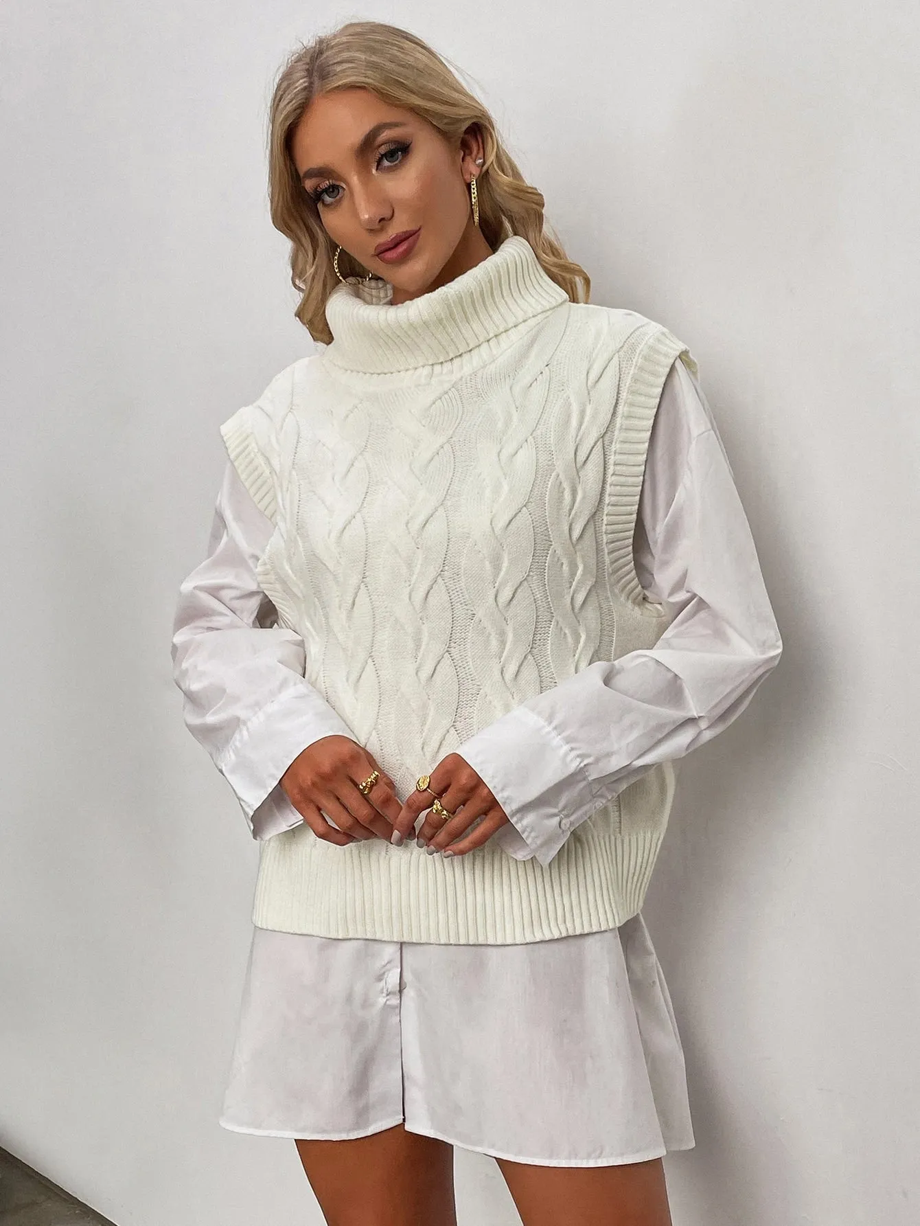 Casual Plain Sleeveless Funnel Neck Regular Women Knit Top