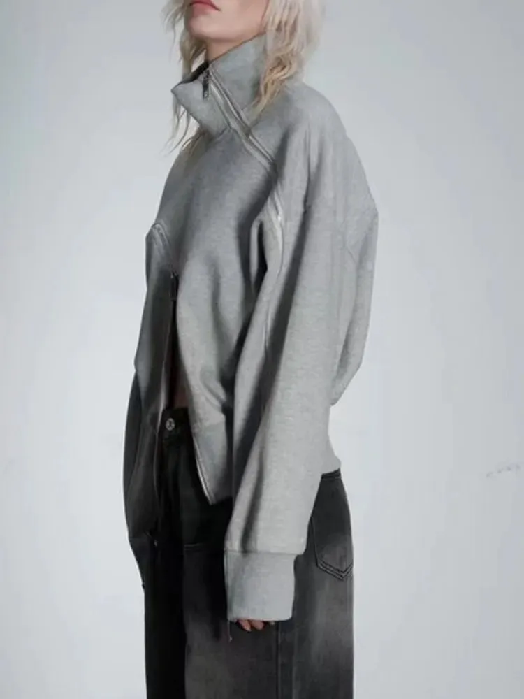 Casual Solid Sweatshirts For Women Turtleneck Long Sleeve Patchwork Zipper Irregular Loose Sweatshirt Female Fashion Style