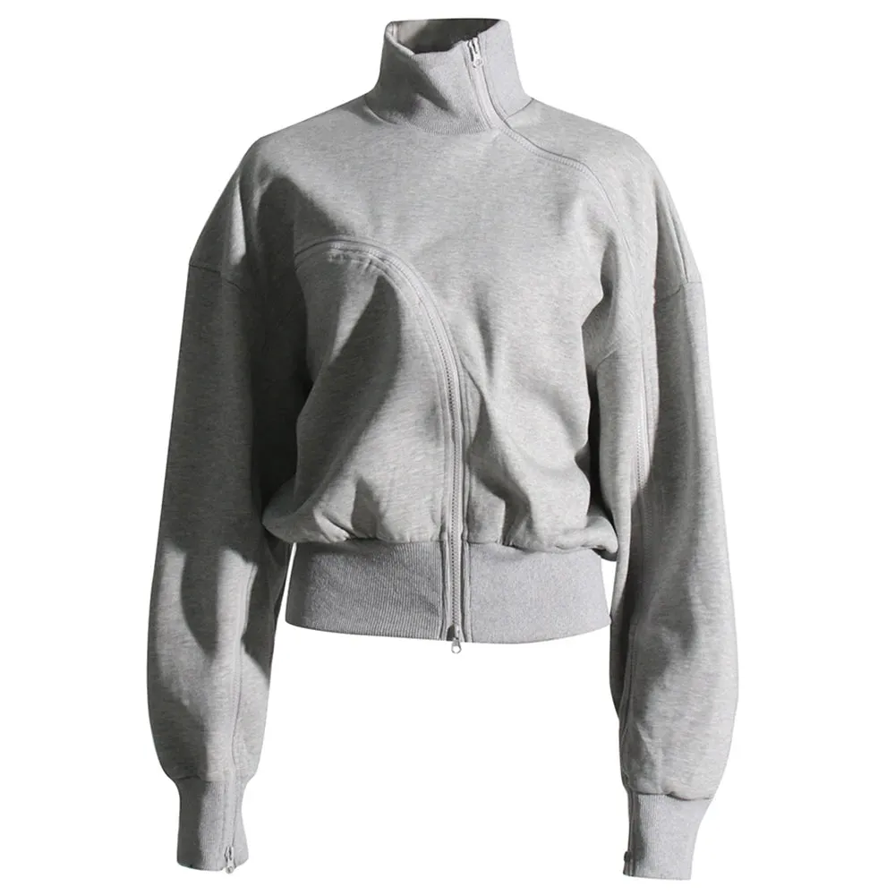 Casual Solid Sweatshirts For Women Turtleneck Long Sleeve Patchwork Zipper Irregular Loose Sweatshirt Female Fashion Style