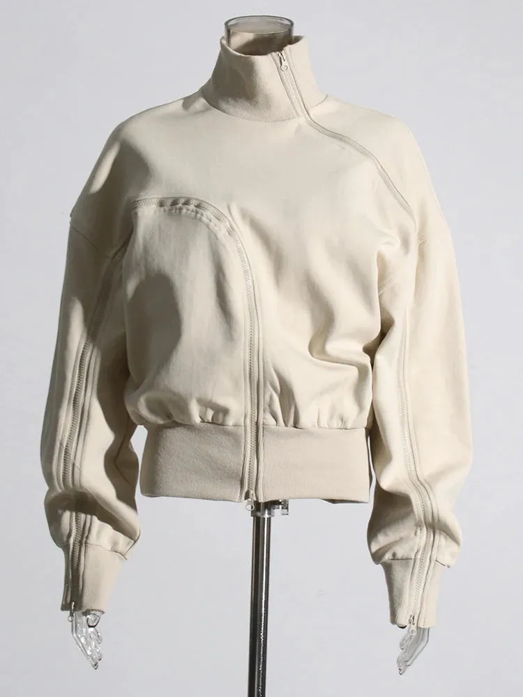Casual Solid Sweatshirts For Women Turtleneck Long Sleeve Patchwork Zipper Irregular Loose Sweatshirt Female Fashion Style