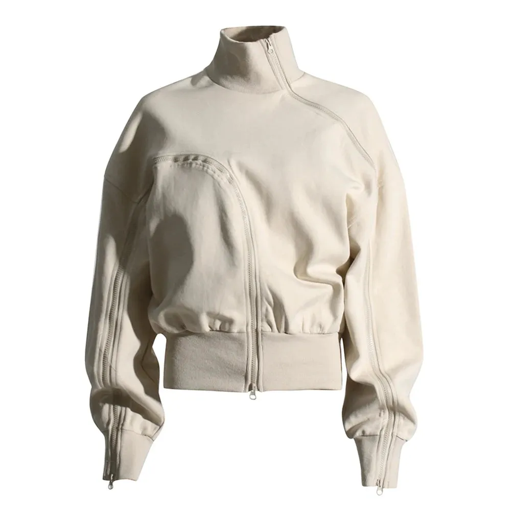 Casual Solid Sweatshirts For Women Turtleneck Long Sleeve Patchwork Zipper Irregular Loose Sweatshirt Female Fashion Style
