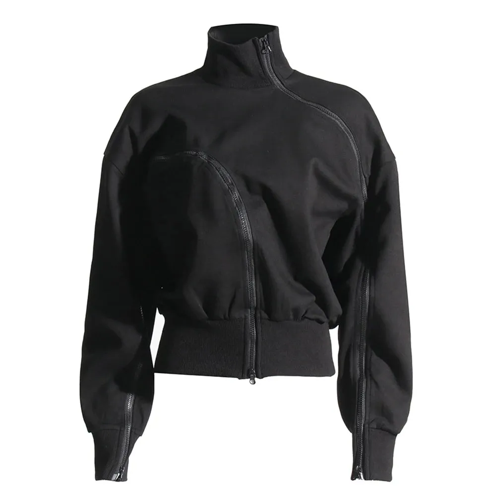 Casual Solid Sweatshirts For Women Turtleneck Long Sleeve Patchwork Zipper Irregular Loose Sweatshirt Female Fashion Style
