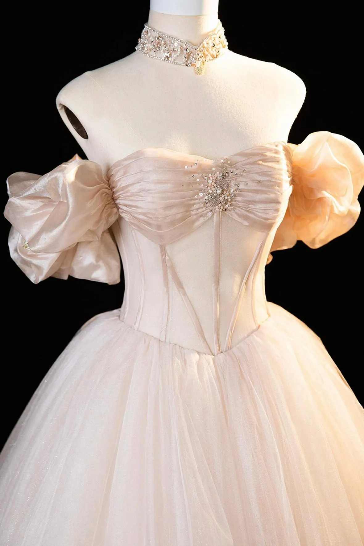 Champagne Tulle Long Prom Dress, Beautiful Off the Shoulder Evening Party Dress