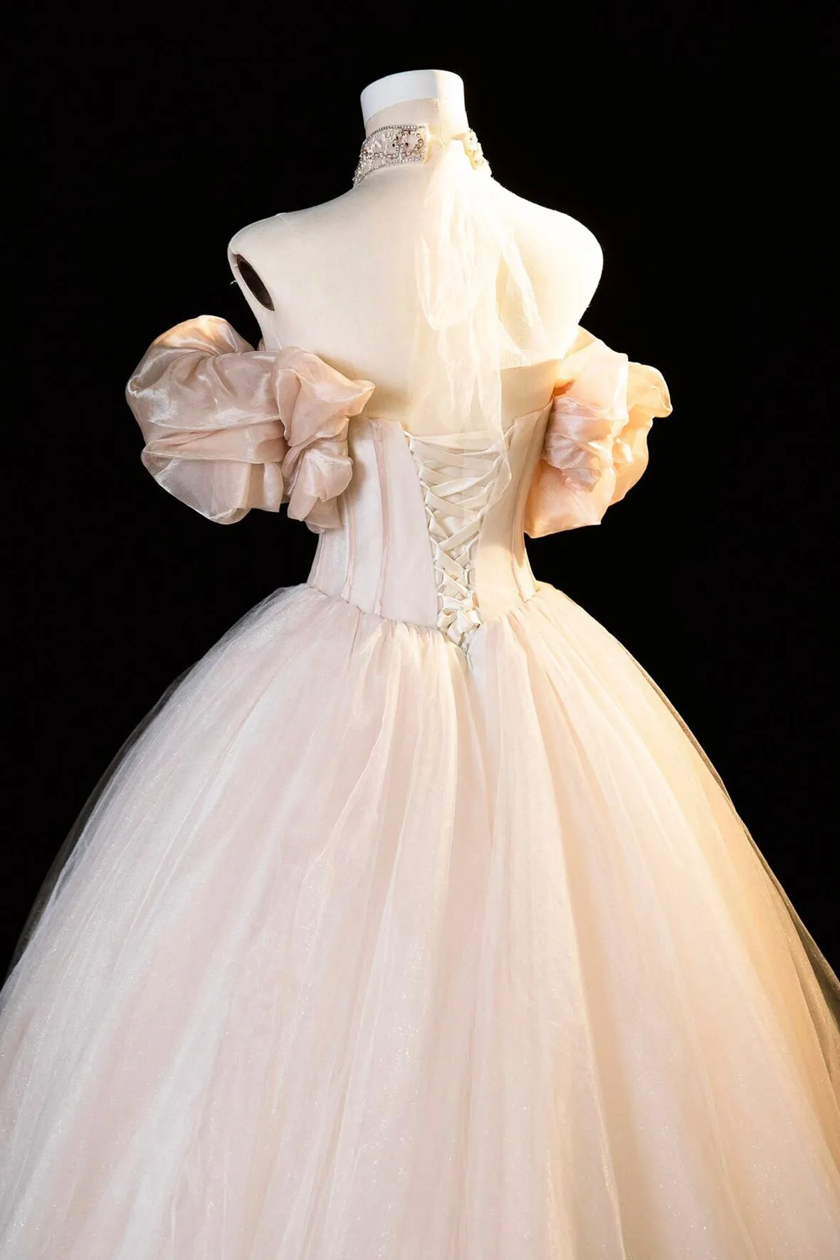Champagne Tulle Long Prom Dress, Beautiful Off the Shoulder Evening Party Dress