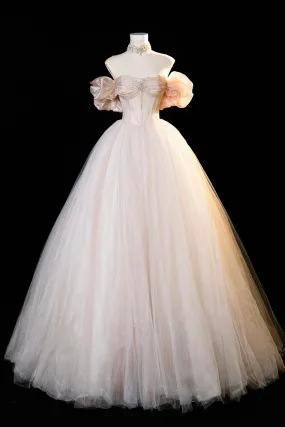 Champagne Tulle Long Prom Dress, Beautiful Off the Shoulder Evening Party Dress