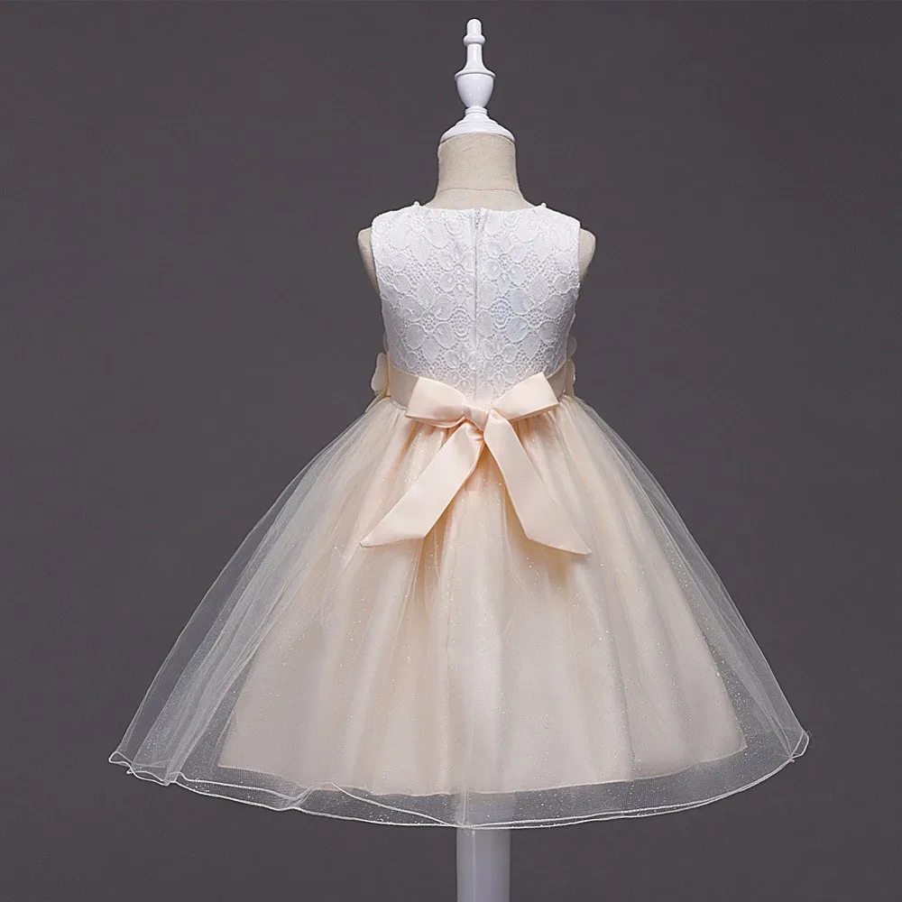 Champagne White Beaded Flower Dress, Size 3-12 Yrs
