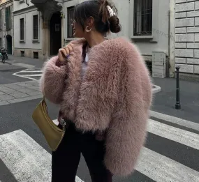 Chic fluffy faux fur coat v-neck collar coat