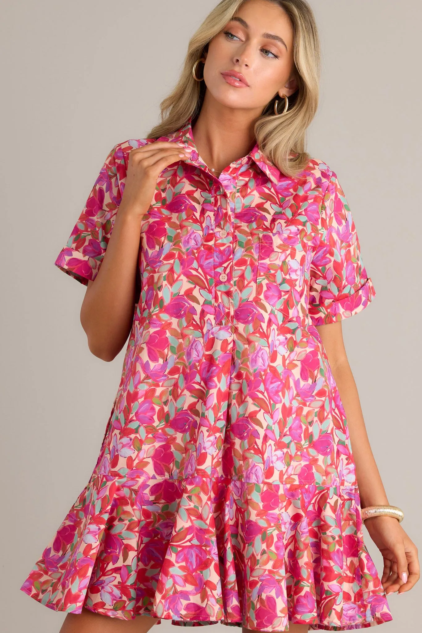 Chic Harmony 100% Cotton Pink Floral Mini Shirt Dress