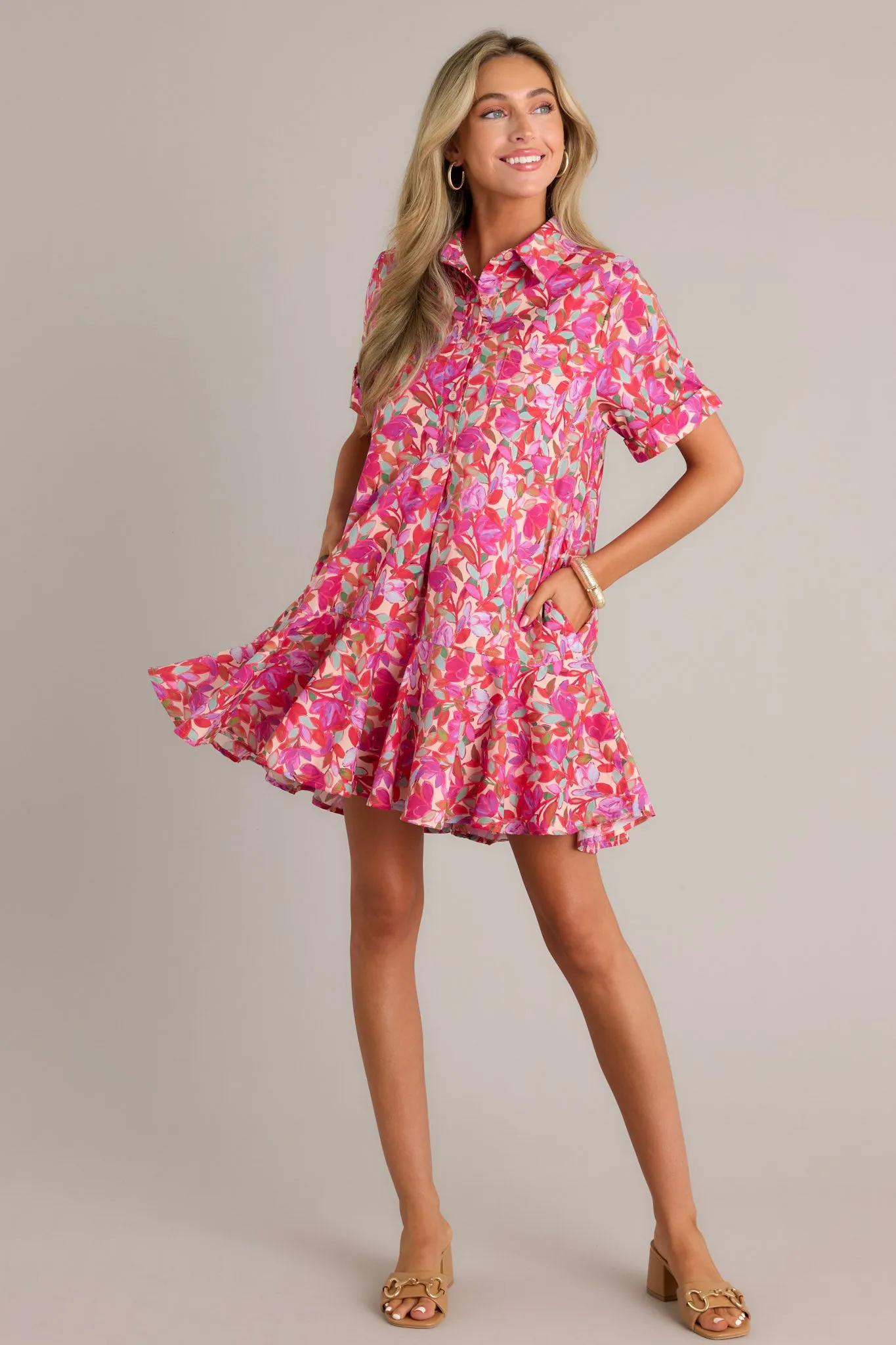 Chic Harmony 100% Cotton Pink Floral Mini Shirt Dress