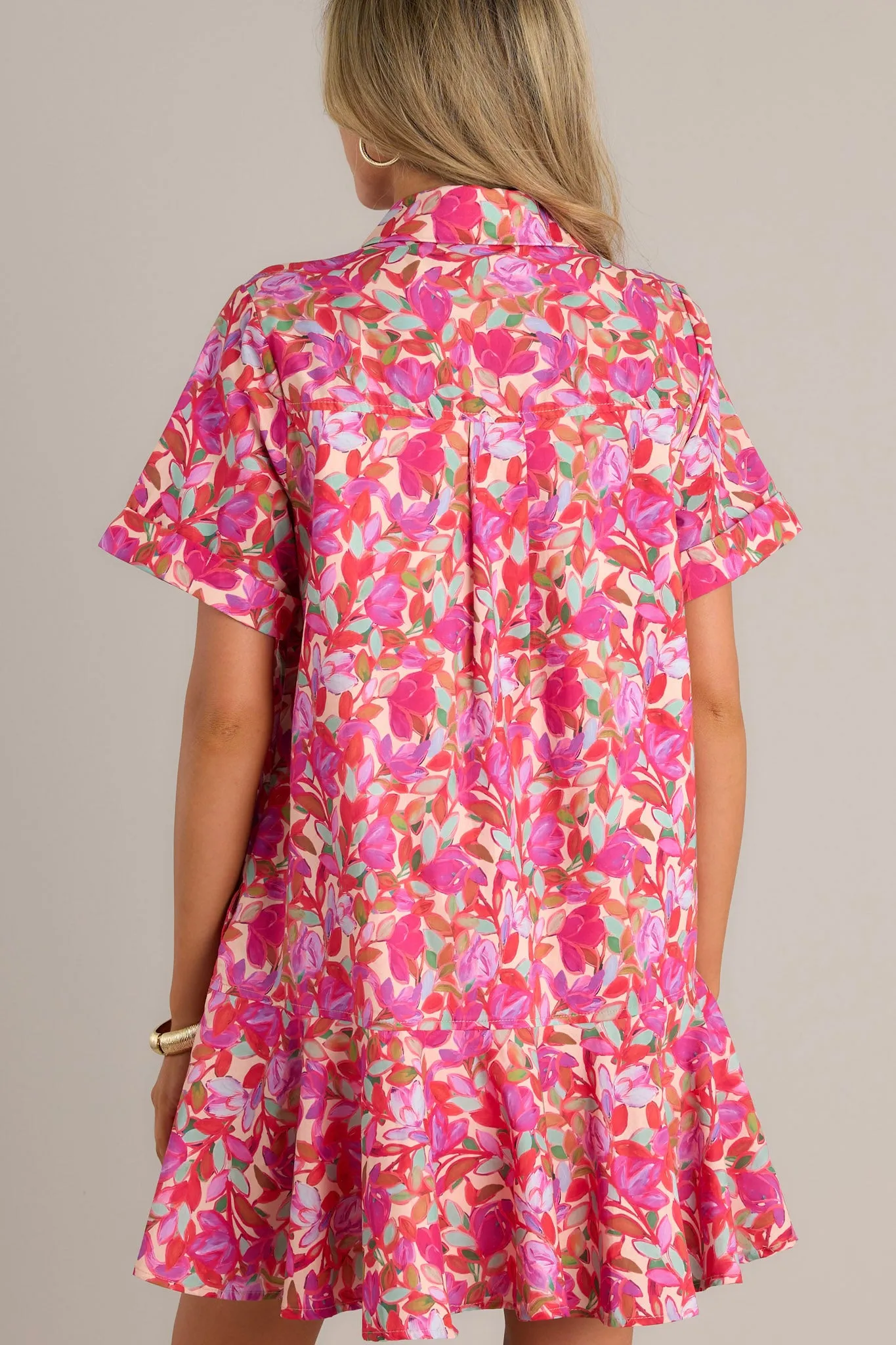 Chic Harmony 100% Cotton Pink Floral Mini Shirt Dress