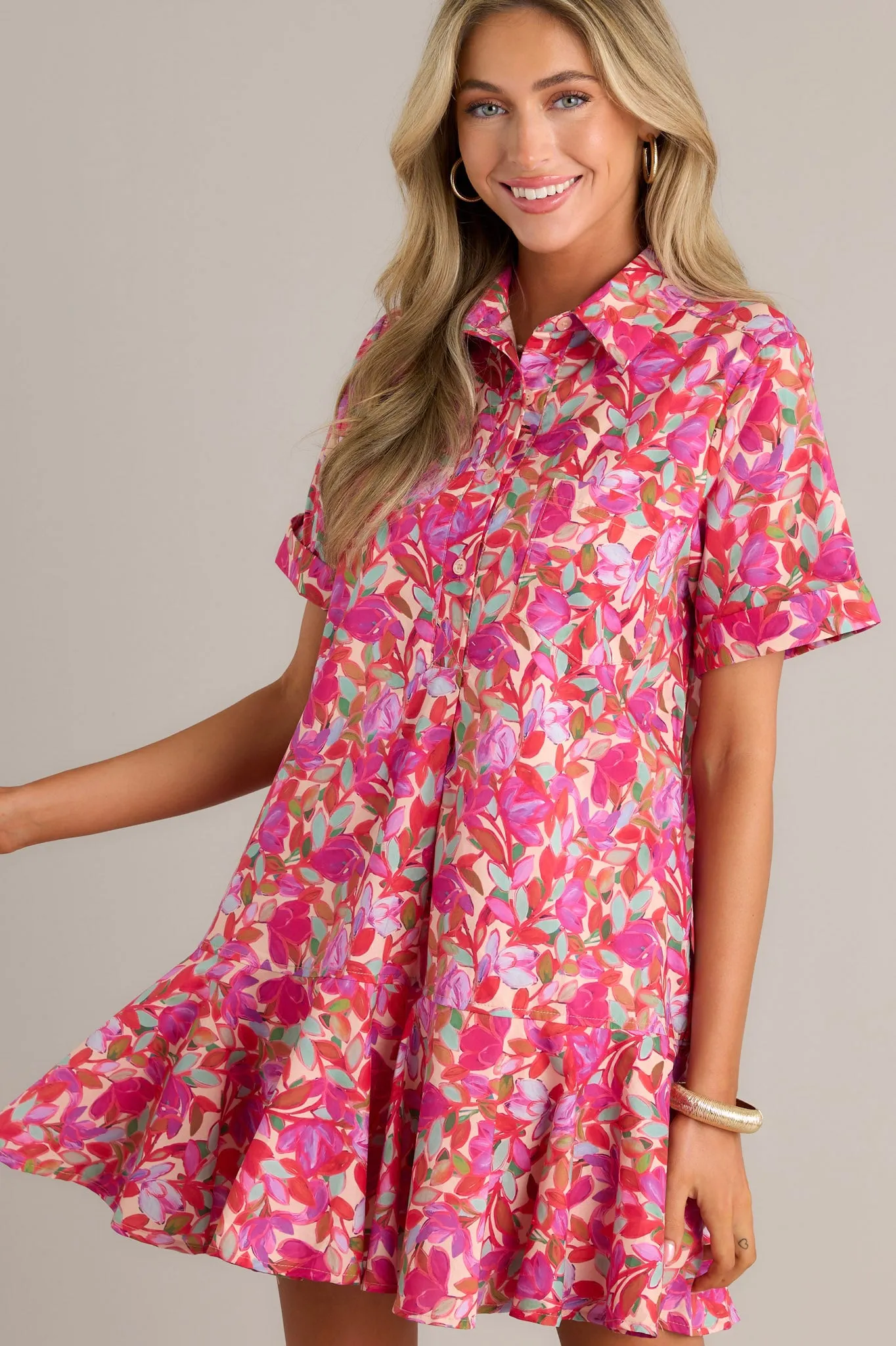 Chic Harmony 100% Cotton Pink Floral Mini Shirt Dress