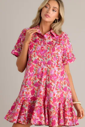 Chic Harmony 100% Cotton Pink Floral Mini Shirt Dress