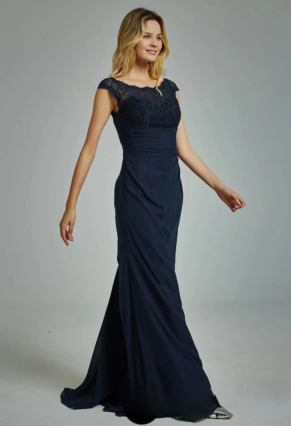 Chiffon Cap Sleeves Bridesmaid Dress with Ruched Bodice