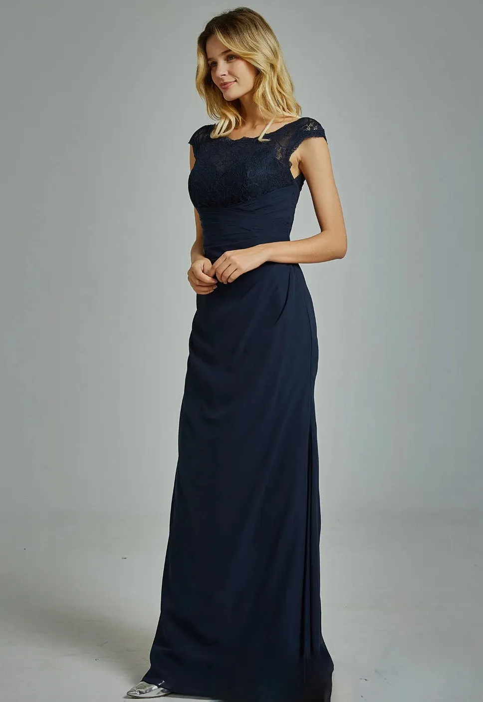 Chiffon Cap Sleeves Bridesmaid Dress with Ruched Bodice