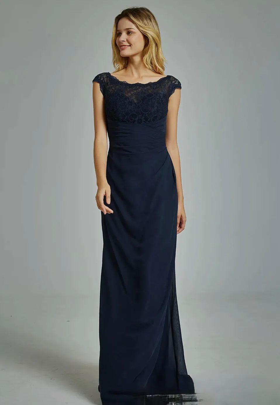 Chiffon Cap Sleeves Bridesmaid Dress with Ruched Bodice