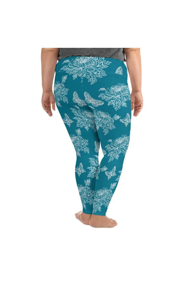 Chrysanthemums & Butterflies on Mosaic Blue Plus Size Leggings
