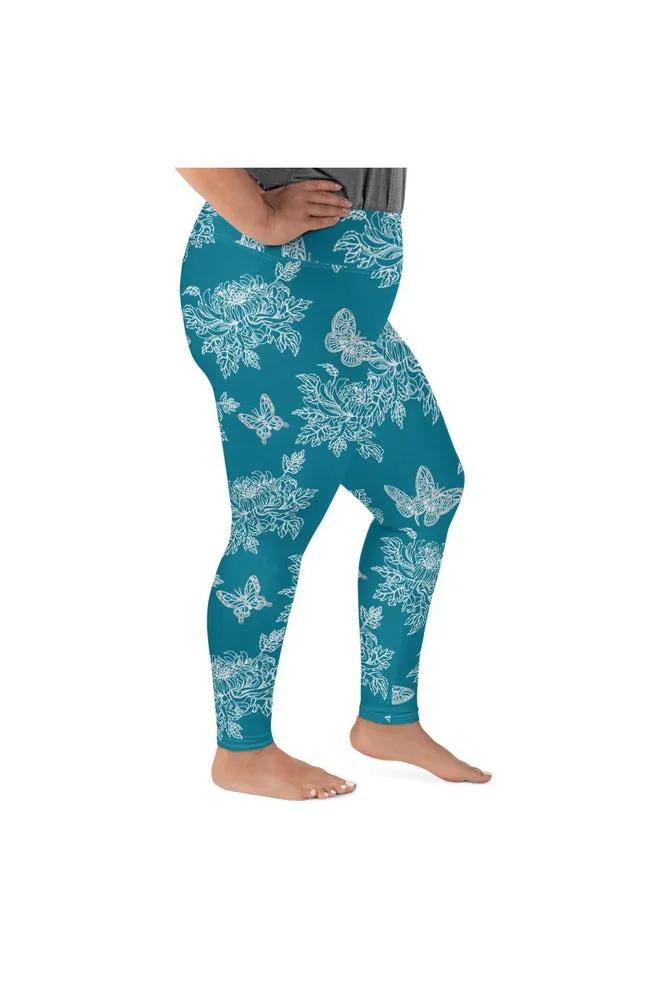 Chrysanthemums & Butterflies on Mosaic Blue Plus Size Leggings
