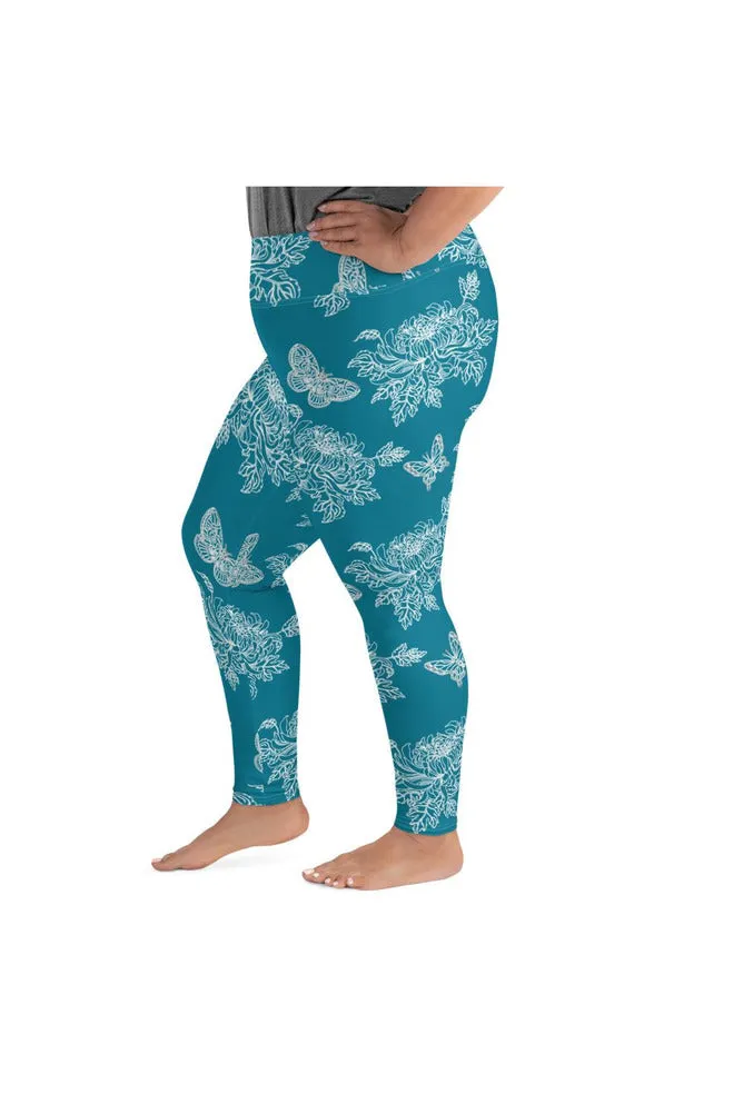 Chrysanthemums & Butterflies on Mosaic Blue Plus Size Leggings