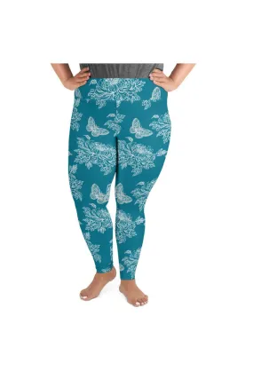 Chrysanthemums & Butterflies on Mosaic Blue Plus Size Leggings