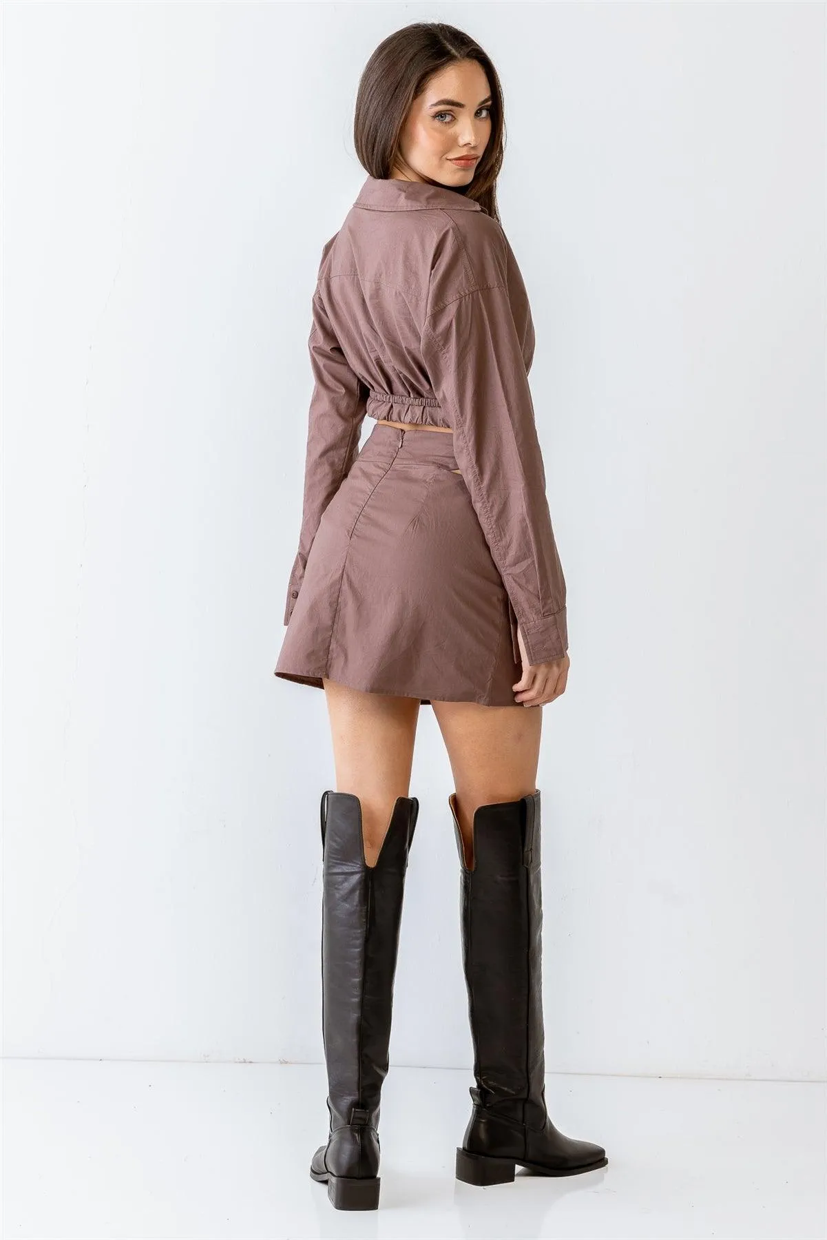 Collared Wrap Crop Top & High Waist Cut-Out Mini Skirt Set
