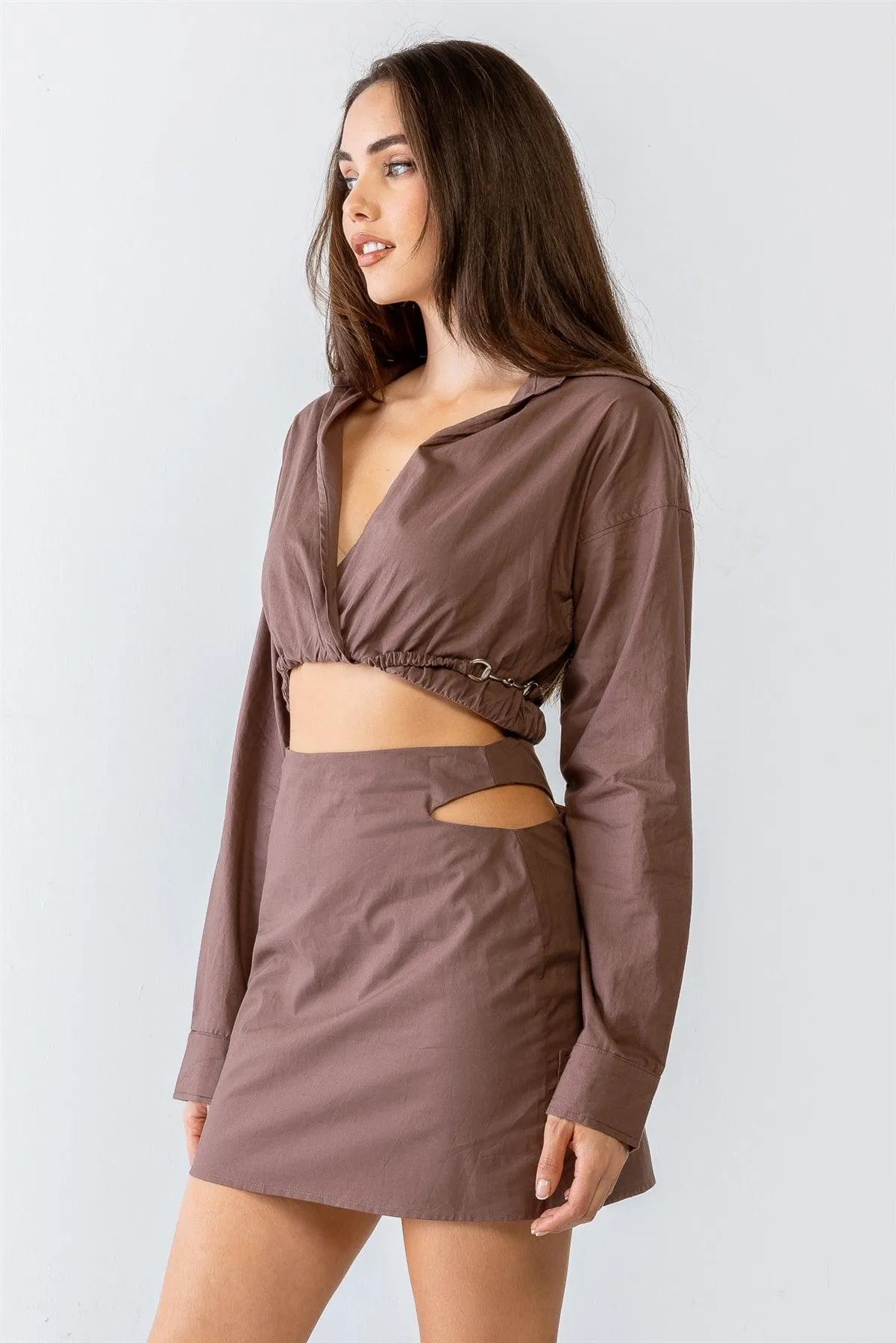 Collared Wrap Crop Top & High Waist Cut-Out Mini Skirt Set