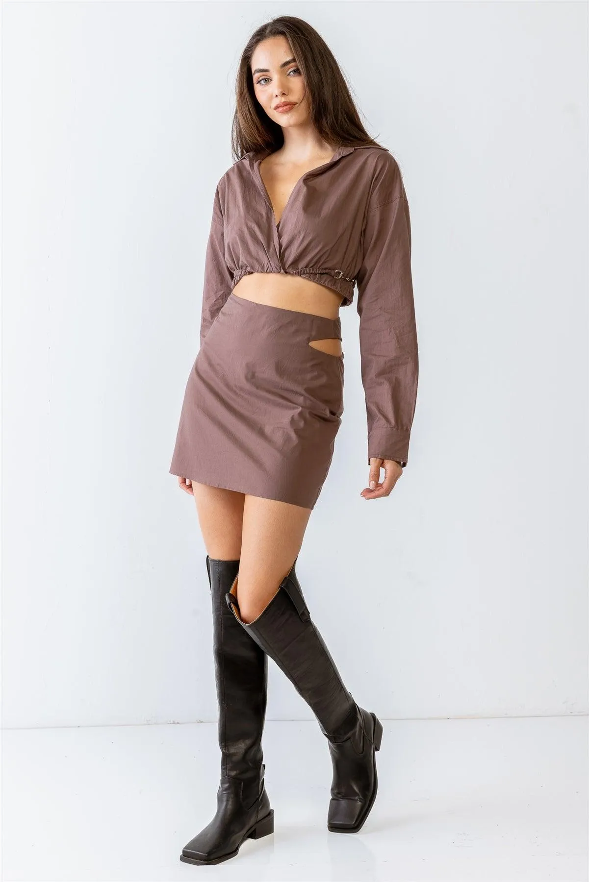 Collared Wrap Crop Top & High Waist Cut-Out Mini Skirt Set