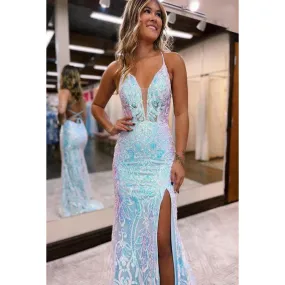 Couture & Ornate Criss-Cross Straps Deep V-Neck Straps Slit Applique Party Prom Dress