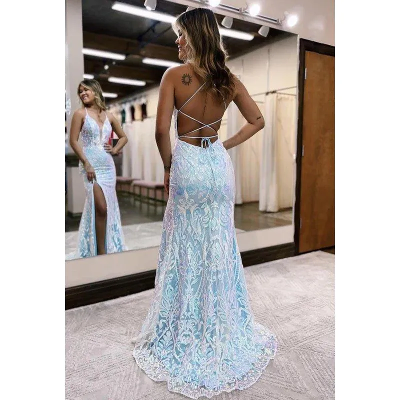 Couture & Ornate Criss-Cross Straps Deep V-Neck Straps Slit Applique Party Prom Dress