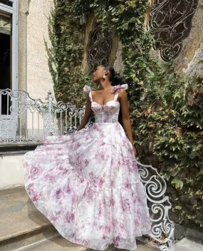 Cute Chiffon Floral Print Prom Dress Senior  Evening Gown SH1007