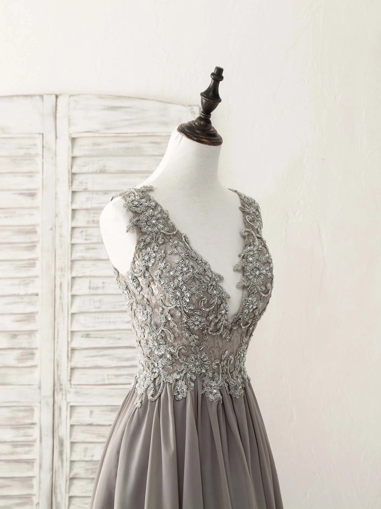 Cute V Neck Lace Chiffon Gray Short Prom Dress Gray Homecoming Dress
