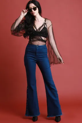 Denim High Waisted Side Snap Buttons Flared Pants